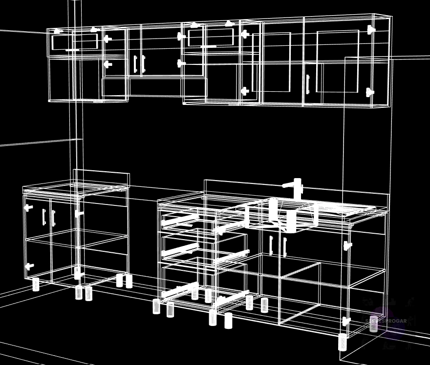 Plano estructural en wireframe 3D de cocina integral mostrando la ingeniería milimétrica y solidez de cada módulo — Diseño técnico SERVESPROGAR Tecámac