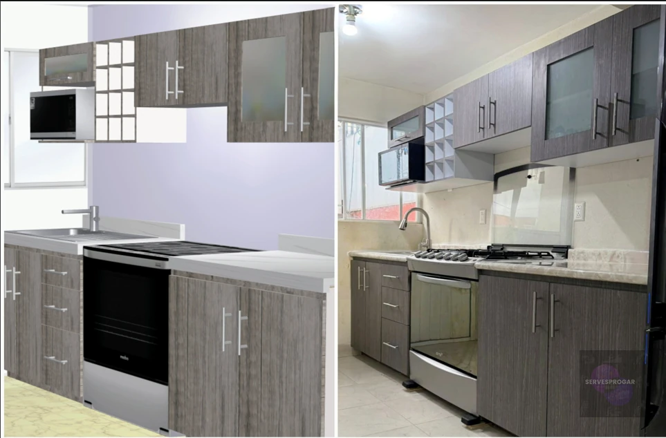 Módulos superiores de cocina integral con puertas de vidrio esmerilado, pistones de apertura superior, espacio para microondas y organizador de botellas de vino — SERVESPROGAR