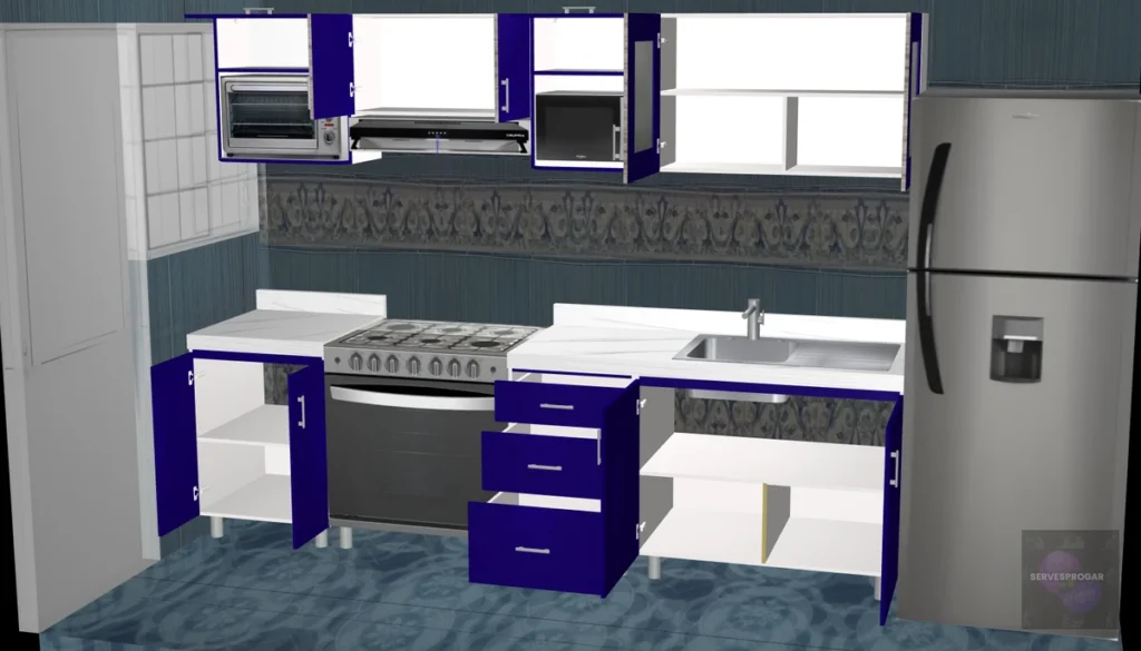 Vista frontal del render 3D de una cocina integral moderna en tonos azules, mostrando la distribución exacta de gabinetes, refrigerador y estufa.Render 3D frontal de cocina integral moderna en tonos azules mostrando la distribución exacta de gabinetes, refrigerador y estufa — Diseño realista previo a fabricación SERVESPROGAR